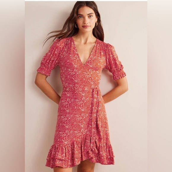 NWT Boden Ruffle Wrap Red White Paisley Cottagecore Valentines Mini Dress 10 - Picture 2 of 7